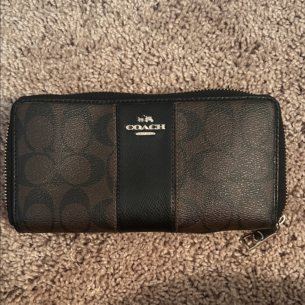 Coach Signature Brown and Black Zip Wallet